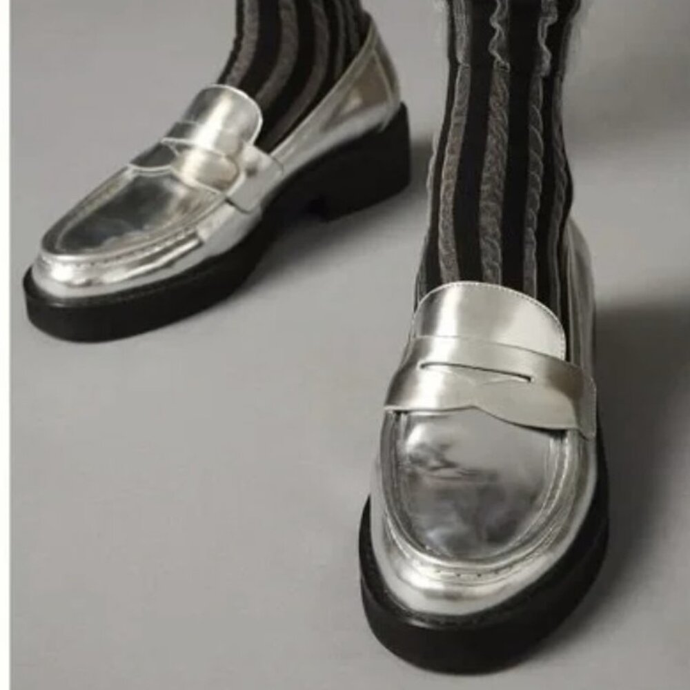 Bibi Lou / Anthropologie - Jaya Leather Loafers - Silver - EU Size 41 / US 10
